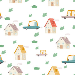 Rustic Kids Seamless Pattern with Cartoon Houses, Plants and Cars. Vector Illustration. Cute Village Background for Kids Fabric, Textile, Wrapping Paper, Nursery Design