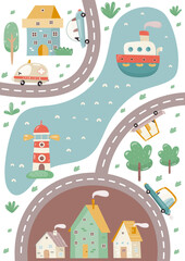 Little Town Nursery Wall Art Cute Poster with Cartoon Houses and Car. Vector City Map for Baby Room, Shower Card, Kids T-shirt