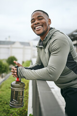 Fitness, happy or black man with smile or pride after body training, exercise or workout with a...