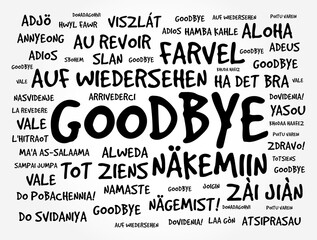 Goodbye word in different languages, word cloud concept for presentations and reports