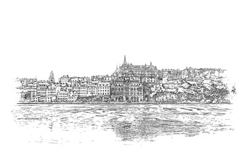 Cityscape Stockholm,Sweden, ink sketch illustration.