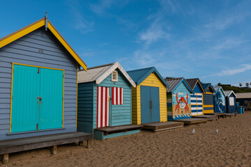 Fototapeta na wymiar Colorful bathing boxes at Brighton Beach, Melbourne, Australia.