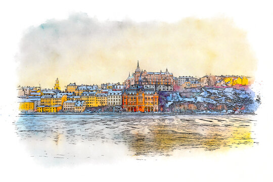 Cityscape Stockholm,Sweden, watercolor sketch illustration.