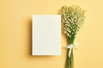 Invitation or greeting card mockup with lily of the valley flowers on yellow background