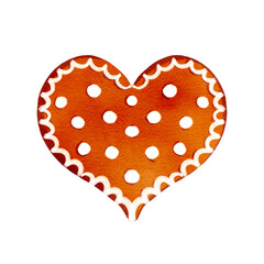 Hand-drawn illustration of heart-shaped ginger cookie with white icing