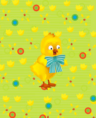 cartoon easter chicken on the meadow illustration