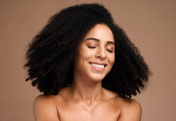 African hair, afro and face of model girl happy with shampoo hair care, clean healthy hair or spa...