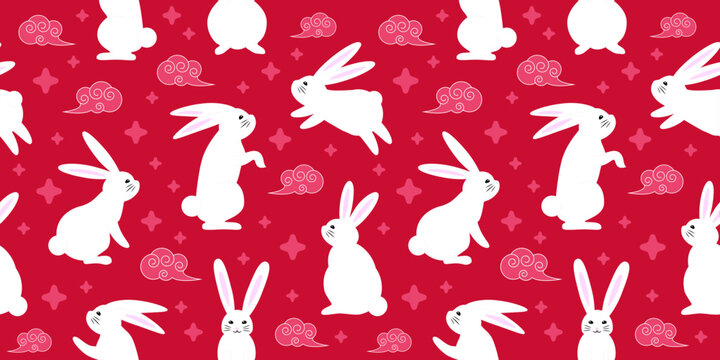 Seamless red pattern with zodiacal rabbits in the sky, seamless pattern for Chinese New Year, 2023 Year of the Rabbit, pattern for gifts covers, backgrounds, invitations.