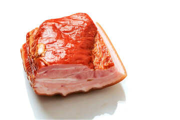 Traditional smoked pork ham on white background. Classic meat product ready to eat with layers of meat and fat and delicate flavor. Polish and East European popular meal.