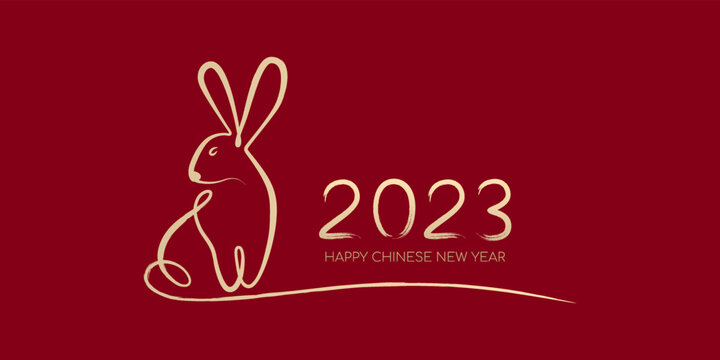 Happy Chinese New Year 2023, Year of the rabbit by brush stroke abstract paint continuous line gold gradient isolated on red background.