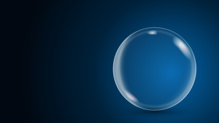 Glass sphere on a dark blue background. Soap bubble. Isolated Ball. Realistic 3d vector for template, poster, advertisement