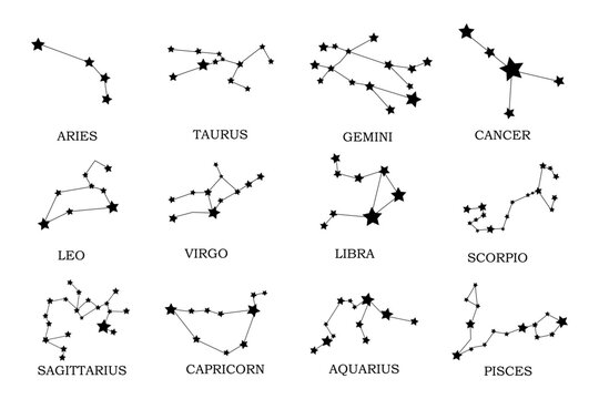Set of zodiac signs Aries, Taurus, Leo, Gemini, Virgo, Scorpio, Libra, Aquarius, Sagittarius, Pisces, Capricorn, Cancer. Vector pattern for astrological, esoteric, magic sessions, personality re