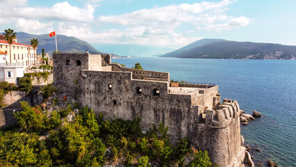Aerial drone view of a fortress in Montenegro