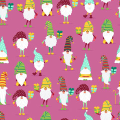 Funny gnomes with gifts seamless pattern. Cheerful gnomes in hats vector characters flat style.