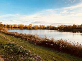 Lake view. Near Lake Buzerens, Bram, France. Reflections of the natural landscape in the water.