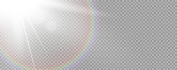 Fototapeta Shining sun glare rays, lens flare vector illustration with a rainbow. Sunlight glowing png effect. White beam sunrays sky background obraz