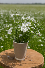 On a wooden podium there is a cardboard glass full of flowering flax plants