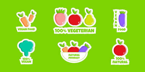 Stickers eggplant, apple, pear, strawberry, broccoli vegetarion food. Icon on colorful backdrop. Isolated background. Vegetarian food. Healthy vegan food.