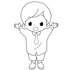 Young boy feeling happy. Raise arms to the air.black and white for coloring page.coloring book.vector illustration isolated on white background.