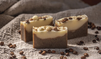 Three pieces of natural coffee soap decorated coffee beans on the linen cloth. Concept of an interesting hobby and handmade gifts