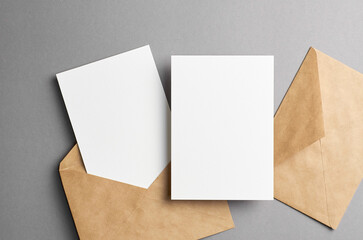 Wedding invitation card mockup with envelope, front and back sides, blank card with copy space