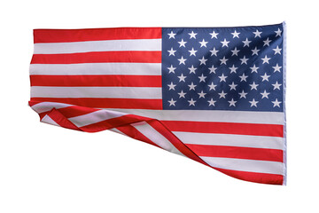 US flag on white background. Whole USA flag waving in the wind isolated on white. Patriotic concept.