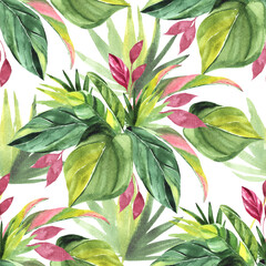 Seamless pattern with Watercolor tropical leaves. Hand painted illustration.