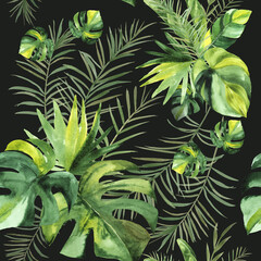 Seamless pattern with Watercolor tropical leaves on dark background.