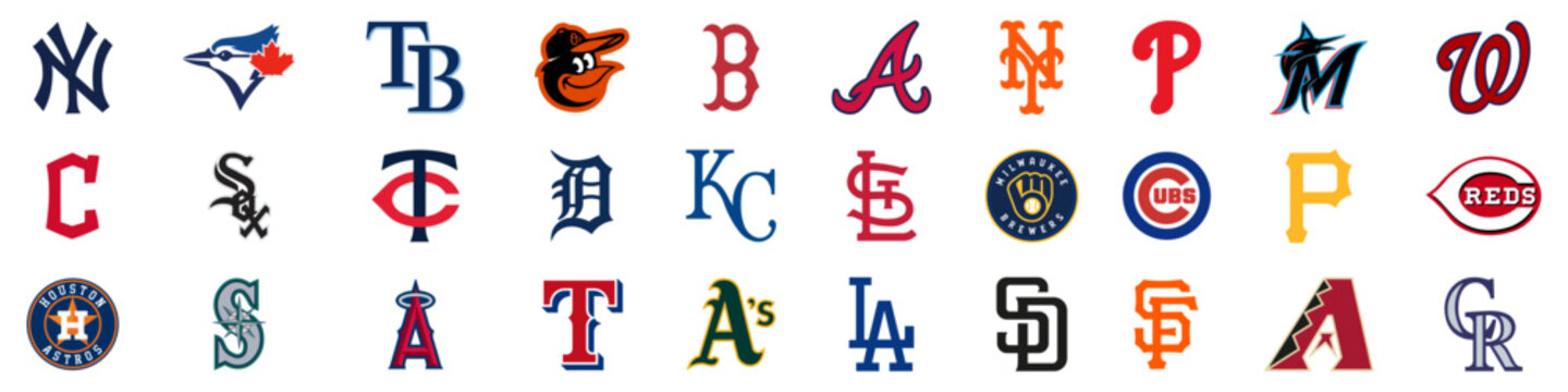 Vinnitsa, Ukraine - January 10, 2023: MLB league sport baseball team logo set.