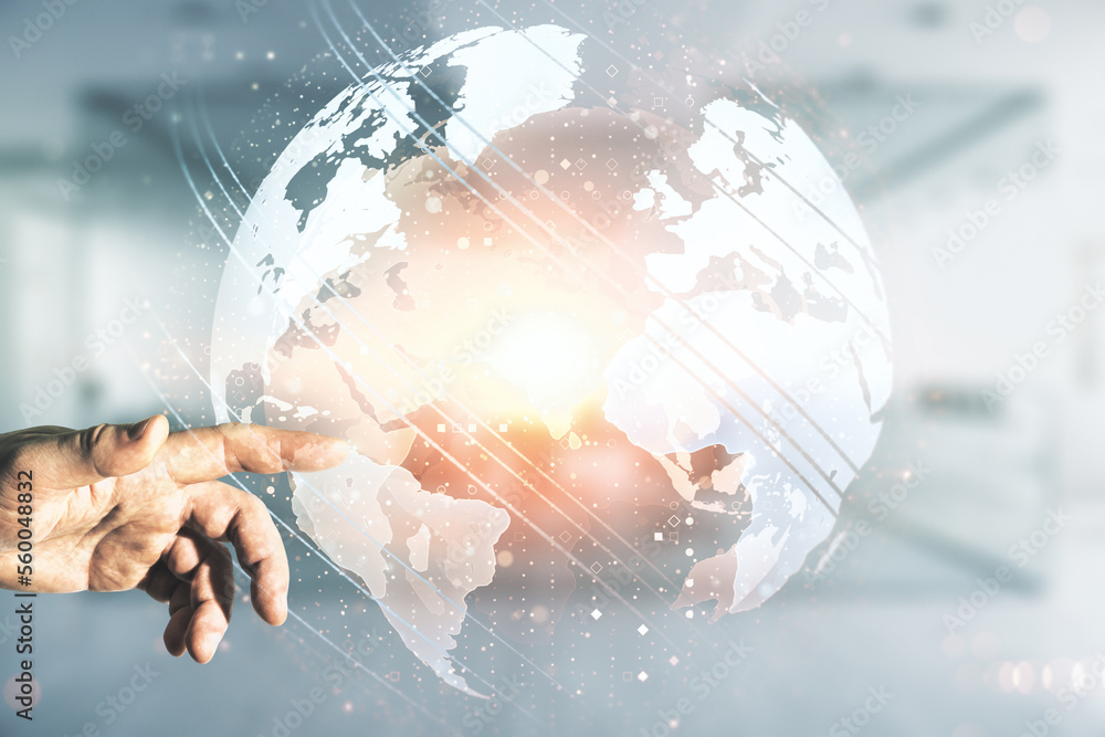 Poster multi exposure of businessman hand clicks on abstract graphic world map on blurred office background