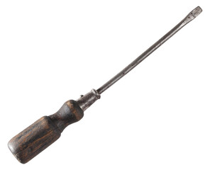 An old screwdriver with a wooden handle, on a transparent background.