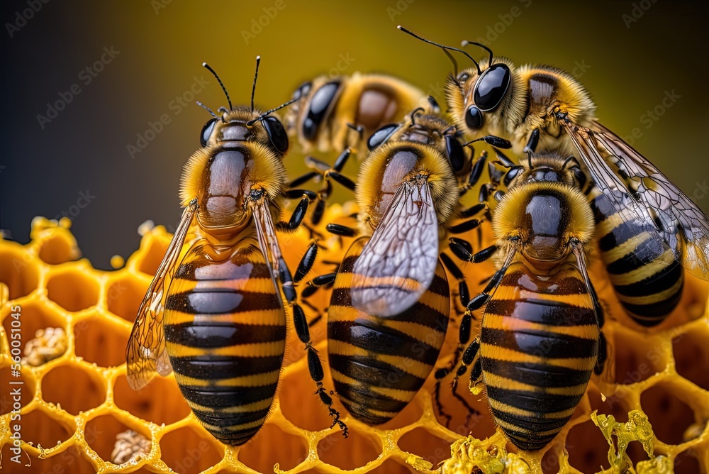 Poster image shows a hive busy filling a honeybee with sweet nectar. generative ai