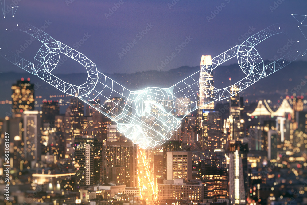 Poster abstract virtual blockchain technology hologram with handshake on san francisco skyline background. 