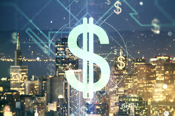 Double exposure of virtual USD symbols hologram on San Francisco city skyscrapers background. Banking and investing concept