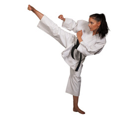 Woman in white  kimono kicks high in the air -  a karate  martial art girl isolated without background PNG