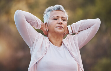 Senior woman, neck pain and tired for outdoor exercise and sports fitness or runner workout...