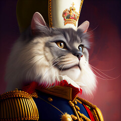 Portrait with Fluffy Cat Dressed Up as General, Tsar or Imperator. Cat in Elegant Bright Clothes. Generative AI Art. Cat as Commander in Chief.