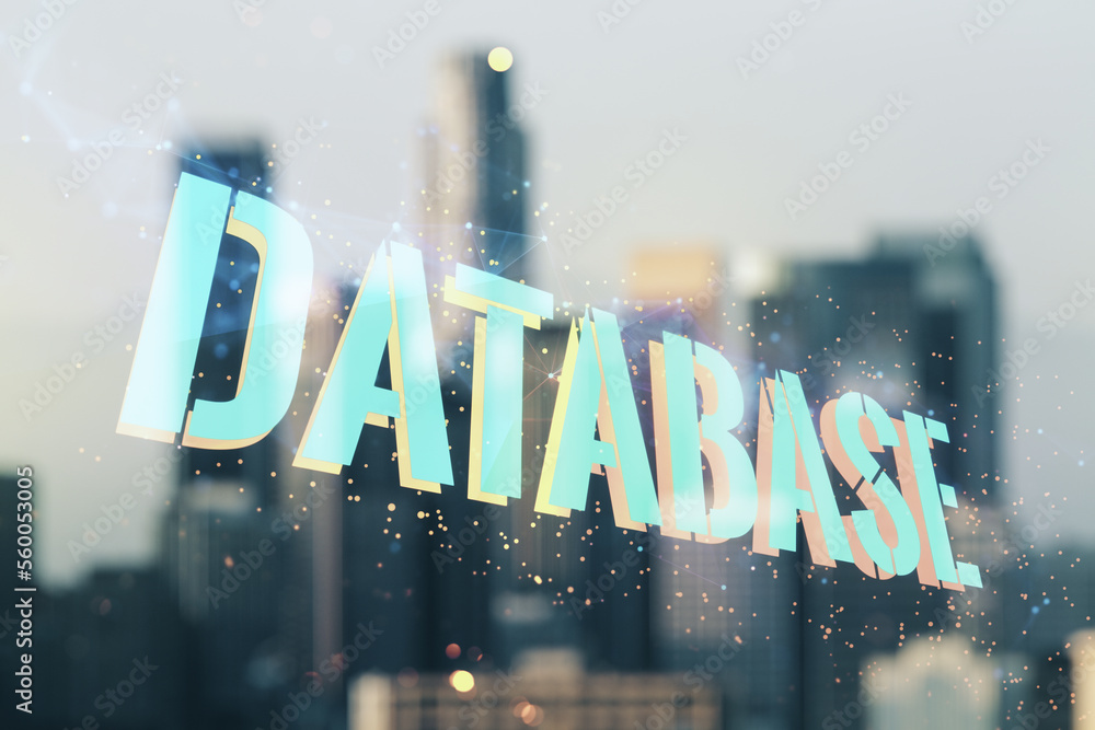 Aufkleber double exposure of database word sign on blurry skyline background, global research and analytics co