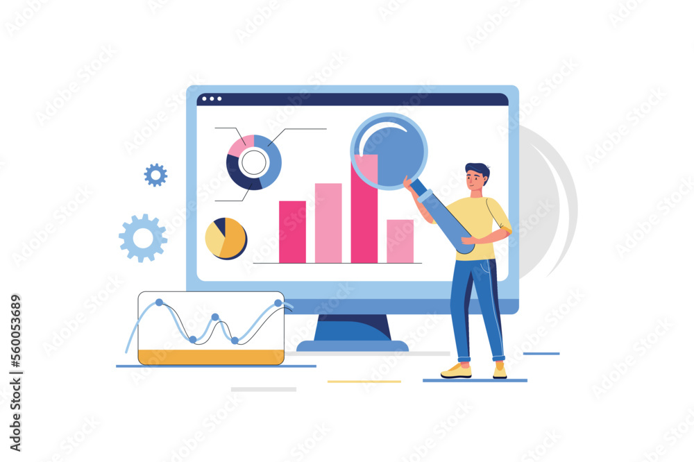 Poster data analysis concept with people scene in flat design. man with magnifier studies charts, works wit