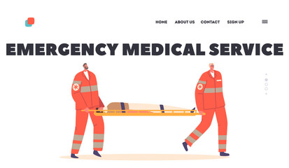 Emergency Medical Service Landing Page Template. Couple of Medic Characters Carry Injured Person on Stretchers