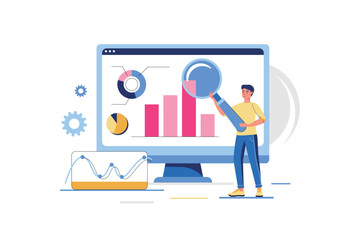 Data analysis concept with people scene in flat design. Man with magnifier studies charts, works with analytics, analyzes charts and statistics. Vector illustration with character situation for web - obrazy, fototapety, plakaty