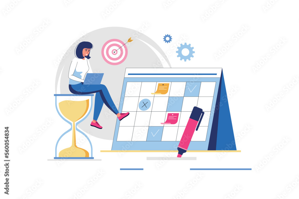 Poster planning concept with people scene in flat design. woman plans workflow and is engaged in time manag