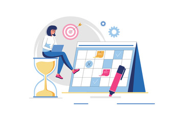 Planning concept with people scene in flat design. Woman plans workflow and is engaged in time management, notes meetings and tasks on calendar. Vector illustration with character situation for web