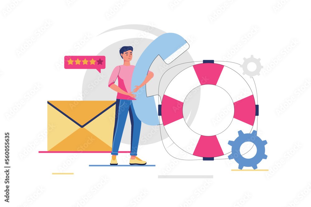 Aufkleber call center concept with people scene in flat design. man calls or messaging technical support and r