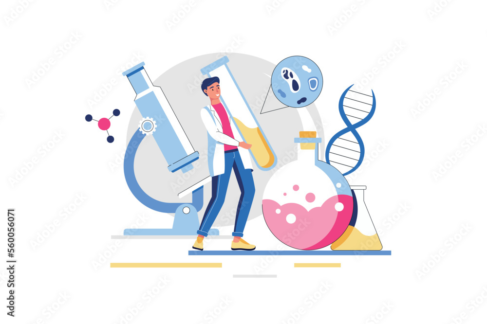 Poster science laboratory concept with people scene in flat design. man examines bio material in test tube,