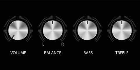 Music sound volume knob button vector icon. Metal audio control dial switch level scale. Analog Rotary Switch. - obrazy, fototapety, plakaty