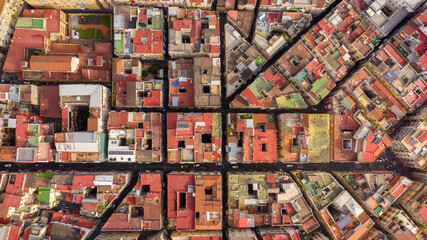 Aerial perpendicular view of the Quartieri Spagnoli (Spanish Neighborhoods), a part of the city of Naples in Italy. This district is located in the historic center of the city.