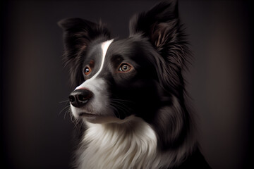 Beautiful Border Collie dog portrait in front of dark background.