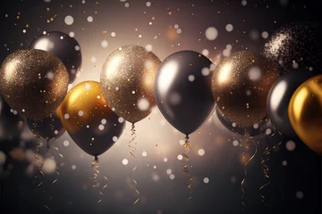 Fotobehang Golden balloons in the air. Celebration party decoration. AI generative © Rawf8