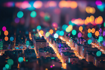 Obraz na płótnie Canvas Drone photo of colorful bokeh cityscape created with Generative AI technology
